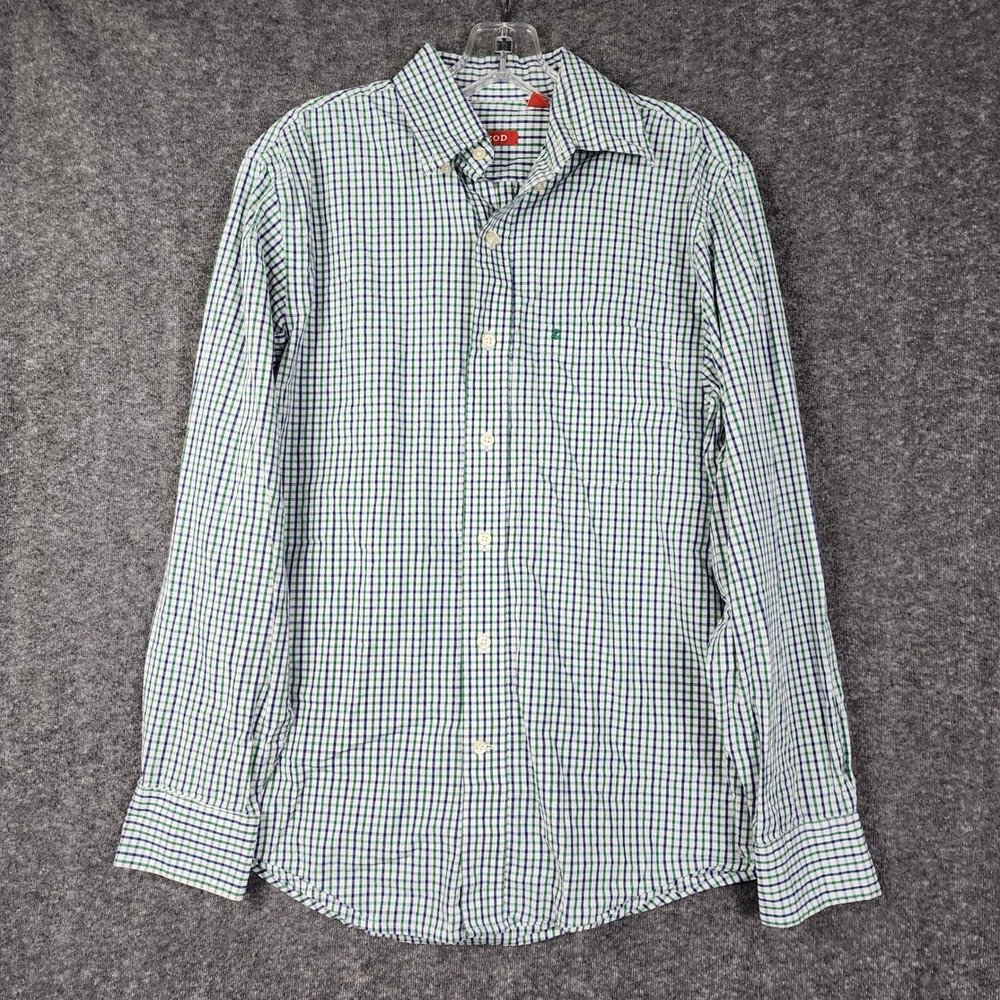 IZOD Button Down‎ Shirt Mens Small Green Navy Blue Gingham Check Long Slv Cotton
